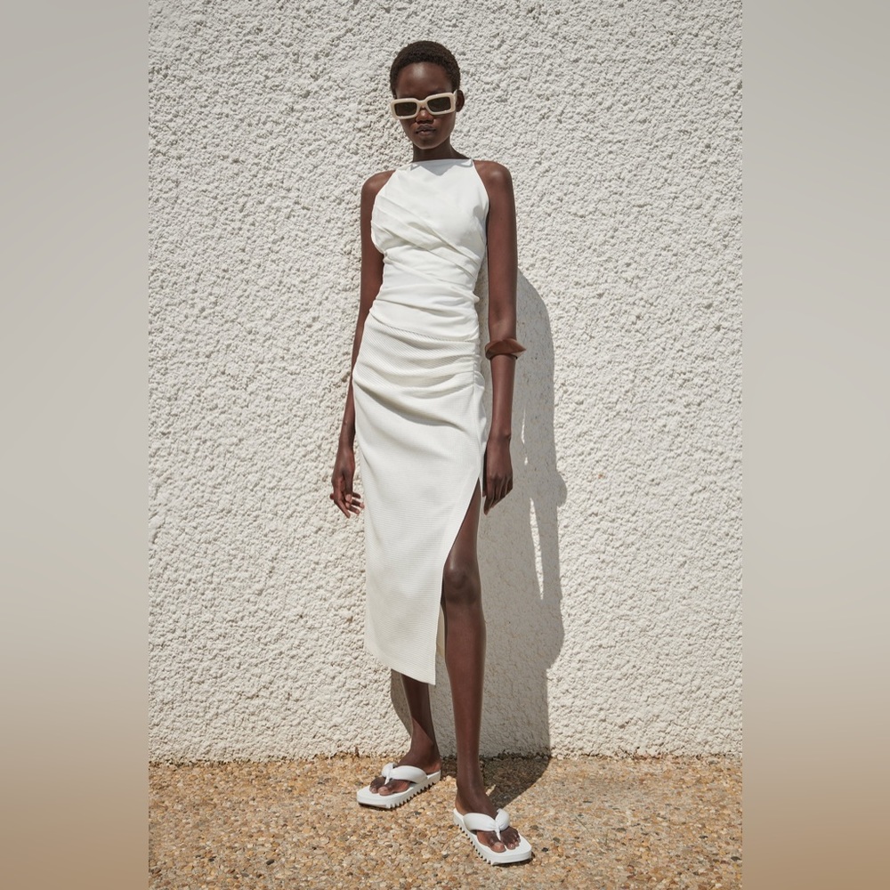 ZARA Oyster White Draped Midi Skirt